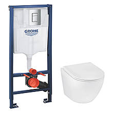 Інсталяція Grohe Rapid SL 3 в 1 38772001 + Унітаз безобідковий Kroner Harz WHI493736 RIMLESS із сидінням Slim