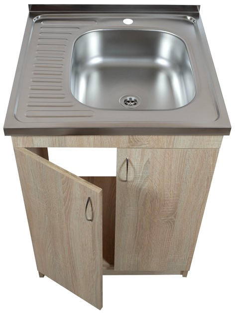 Тумба кухонна Дуб Сонома з мийкою 60x60 (0,6 мм, права чаша), сифон, фото 1