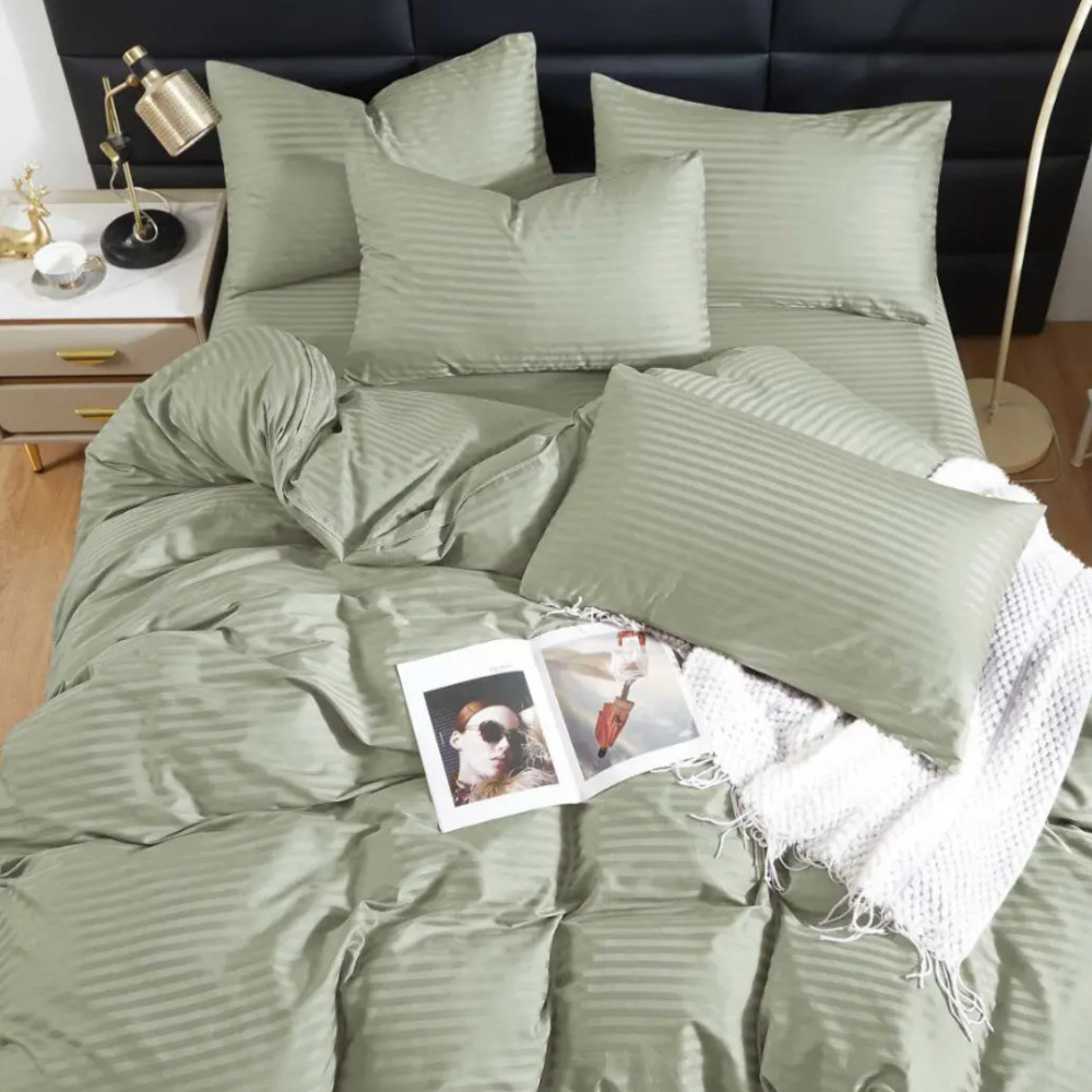 Постільна білизна на резинці двоспальна Євро 200х220 страйп сатин оливковий (23135) Бавовна 100%, фото 1