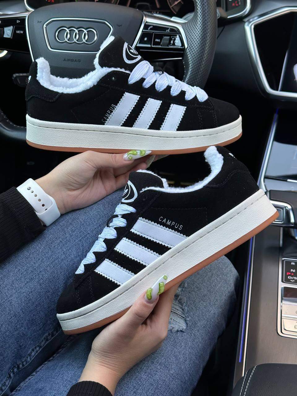 Жіночі зимові кросівки на хутрі Adidas Campus Black White Gum Fur, кеди жіночі Адідас чорні 37, фото 1