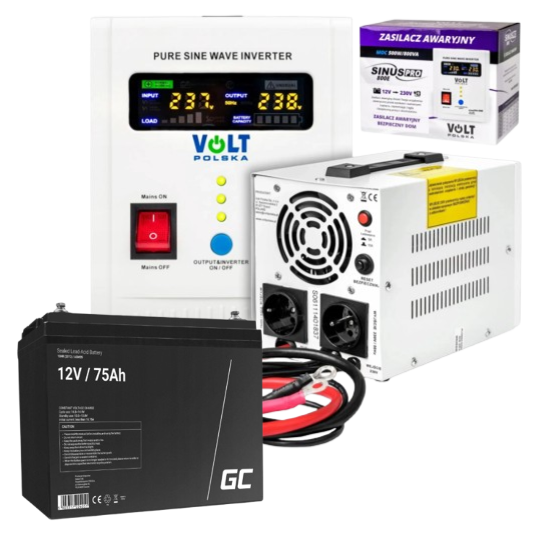 Аварійний комплект живлення Volt Polska SINUS PRO 500 E 12/230V 350/500W + Акумулятор Green Cell AGM VRLA 75Ah 12V
