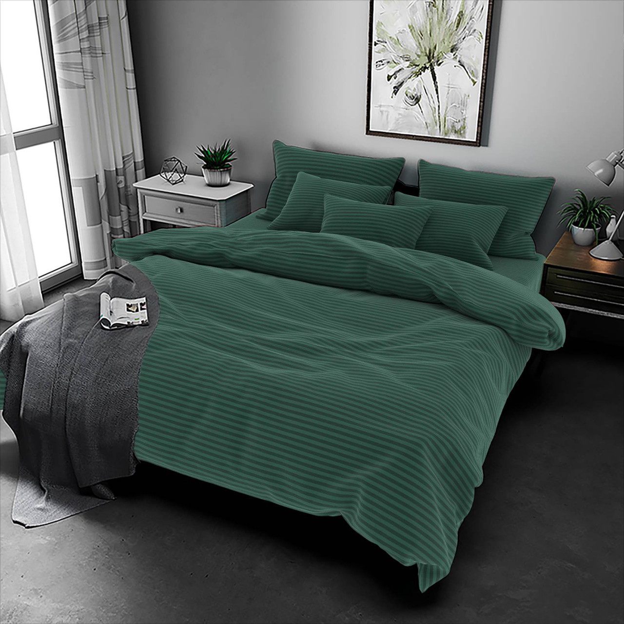 Наволочка на блискавці 70х70 (Бязь) | Від виробника "Королева Ночі" | Смуги на зеленому, фото 1