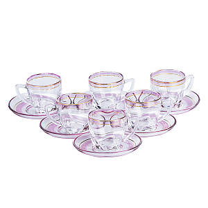 Скляний чайний сервіз на 6 персон Clear прозорі чашки з блюдцем рожевий