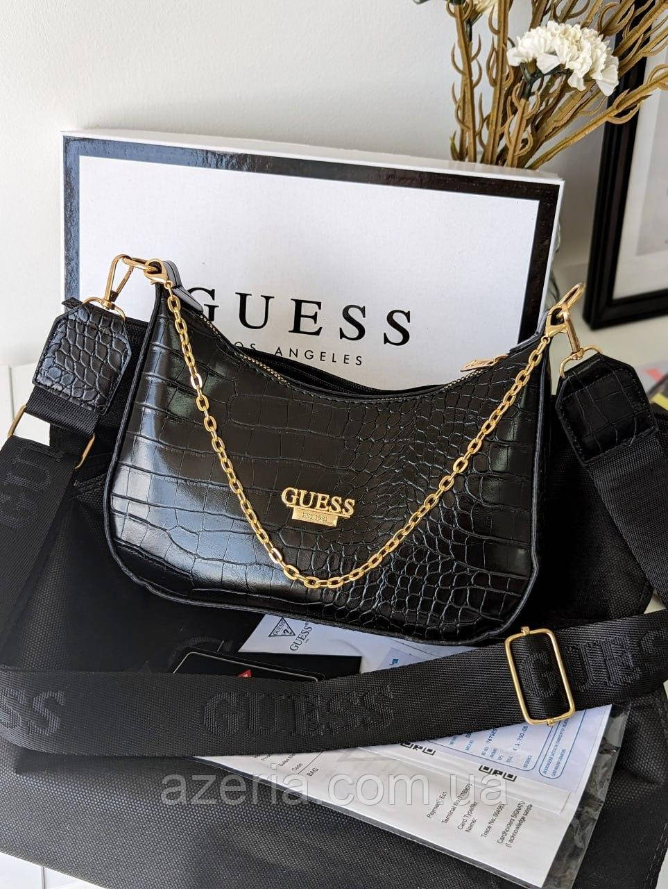 Стильна якісна жіноча сумка Guess Bagget чорна сумка-багет чорна сумка-хобо сумка рептилія