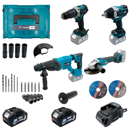 Набір акумуляторний інструментів PROFI-TEC Combo Set 4/3 POWERLine PBH201BL, DTW800BL, DGA20BL, DHP485B: з АКБ 2шт-20V 4.0Ач+ЗП, фото 1