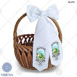 Бант для прикрашання великоднього кошика з церквою та вербою в сірому кольорі (БК-074)