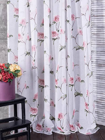 Тюль льон із рожевою квіткою Peony Pink, фото 1