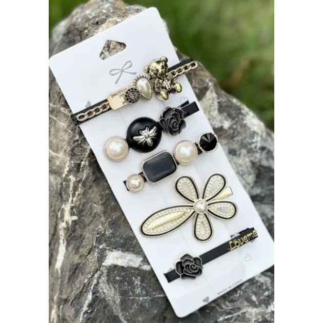 Набір шпильок для волосся жіночих золотистий колір зі стразами та перлинами 5 шт Fashion Jewerly, фото 1