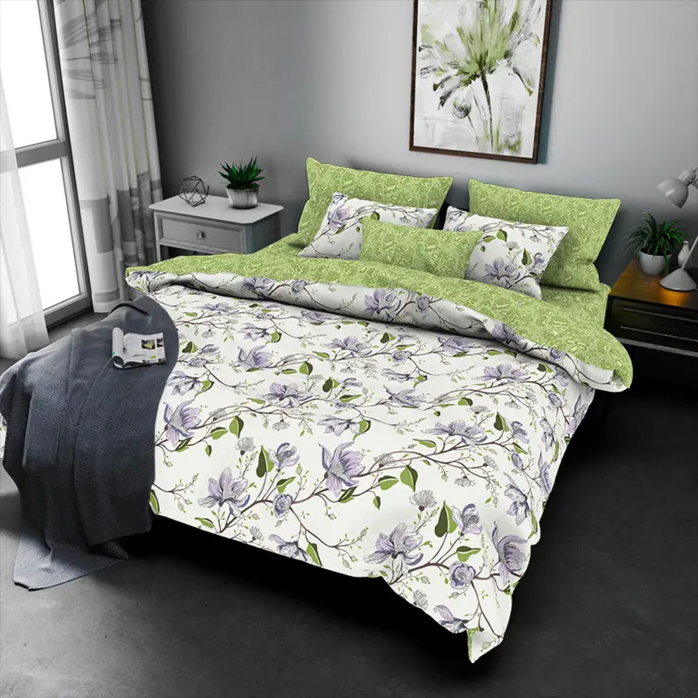 Євро комплект постільної білизни 200х220 Магнолія (23115) Бязь Ранфорс із компаньйоном, фото 1