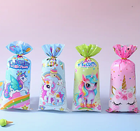 Пакети подарункові з малюнком Єдиноріг мікс для насолод фасовочні з затискачами 10 шт 27х12,5 см асорті