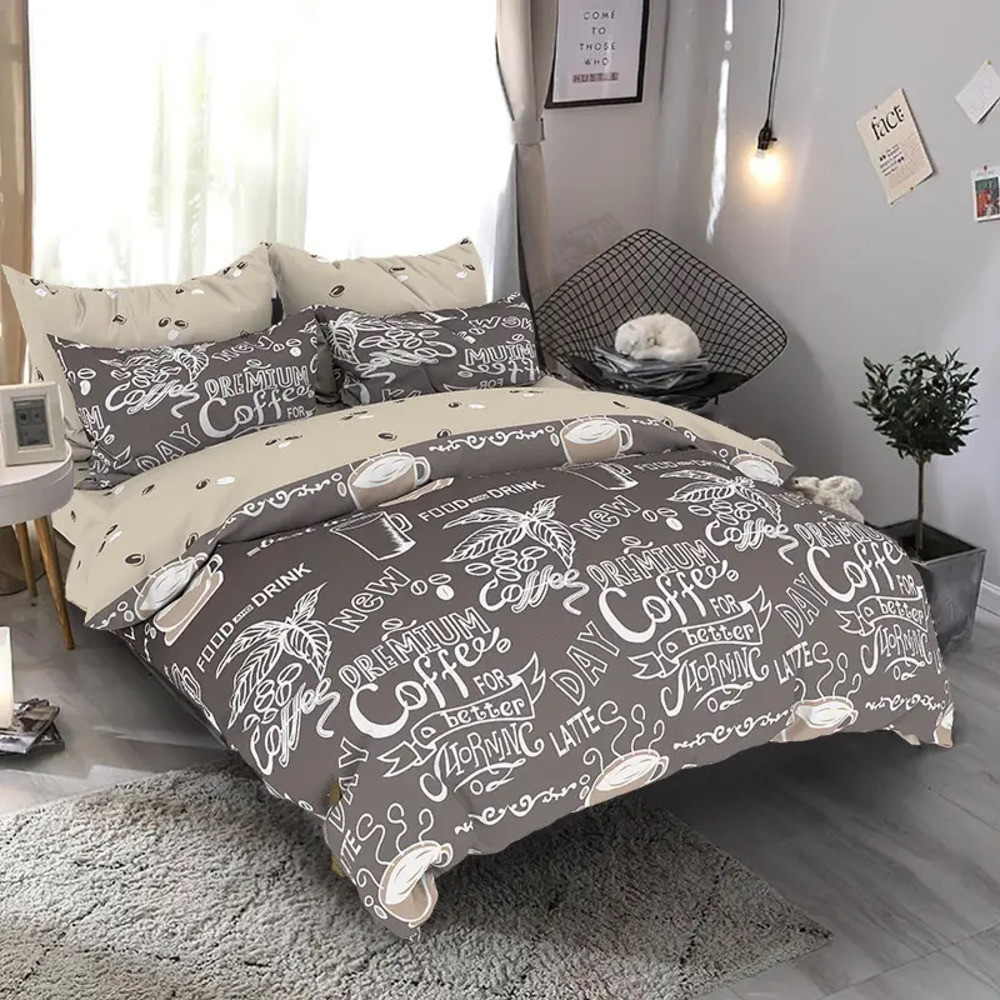 Двоспальна постільна білизна на гумці 180х220 Кавовий ранок (23122) Бязь Ранфорс з компаньйоном, фото 1