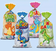 Пакети з малюнком Динозаври яскраві Асорті подарункові фасувальні з затискачами кнабор 10 шт 27х 12.5 см
