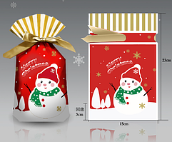 Пакет подарунковий червоний Новорічний Сніговик з малюнком написом і стрічкою затяжкою поліетиленовий 23х15х3 см поштучно