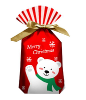 Пакет подарунковий червоний Новорічний ведмідь з малюнком і стрічкою затяжкою поліетиленовий 23х15х3 см поштучно