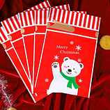 Пакет подарунковий червоний Новорічний ведмідь з малюнком і стрічкою затяжкою поліетиленовий 23х15х3 см поштучно, фото 2