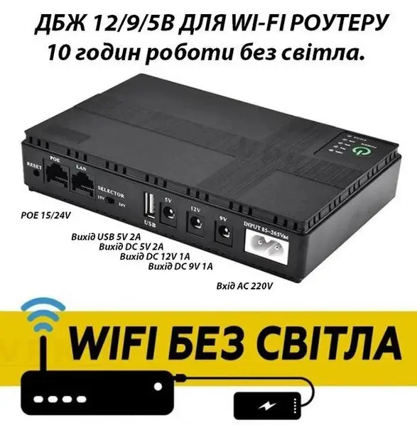 Безперебійник ДБЖ UPS для WI-FI роутера MINI UPS 18 W 10400 mAh вихід 5/9/12В до 10 год. автономної роботи