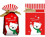 Пакет подарунковий червоний Новорічний ведмідь з малюнком і стрічкою затяжкою поліетиленовий 23х15х3 см поштучно, фото 3