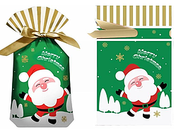 Пакет подарунковий зелений Новий рік з малюнком Дід мороз і стрічкою затяжкою поліетиленовий 23х15х3 см 1 шт