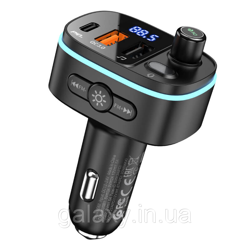 FM-трансмітер Hoco + АЗУ 2хUSB/Type-C Bluetooth FM модулятор E62 black, фото 1