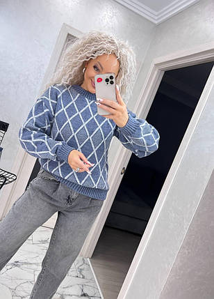 Теплий жіночий в'язаний светр із візерунком ромб, фото 1