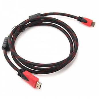 Кабель Merlion HDMI-HDMI 2.0m, v1.4, OD-7.4mm, 2 фільтра, обплетення, круглий Black / RED, коннектор RED / Black, (Пакет), Q120