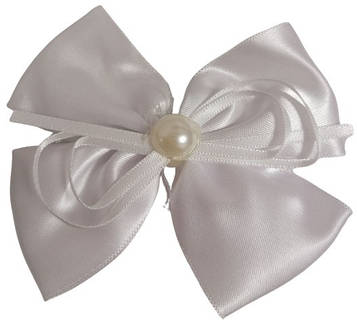 Бантик білий атласний з перлиною на заколці-зажимі