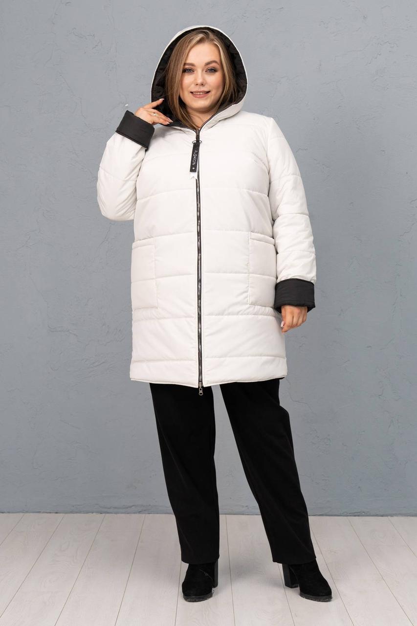 Куртка двостороння стьобана матова полупальто осінь - весна 56-64 розміри білий/чорний, фото 1