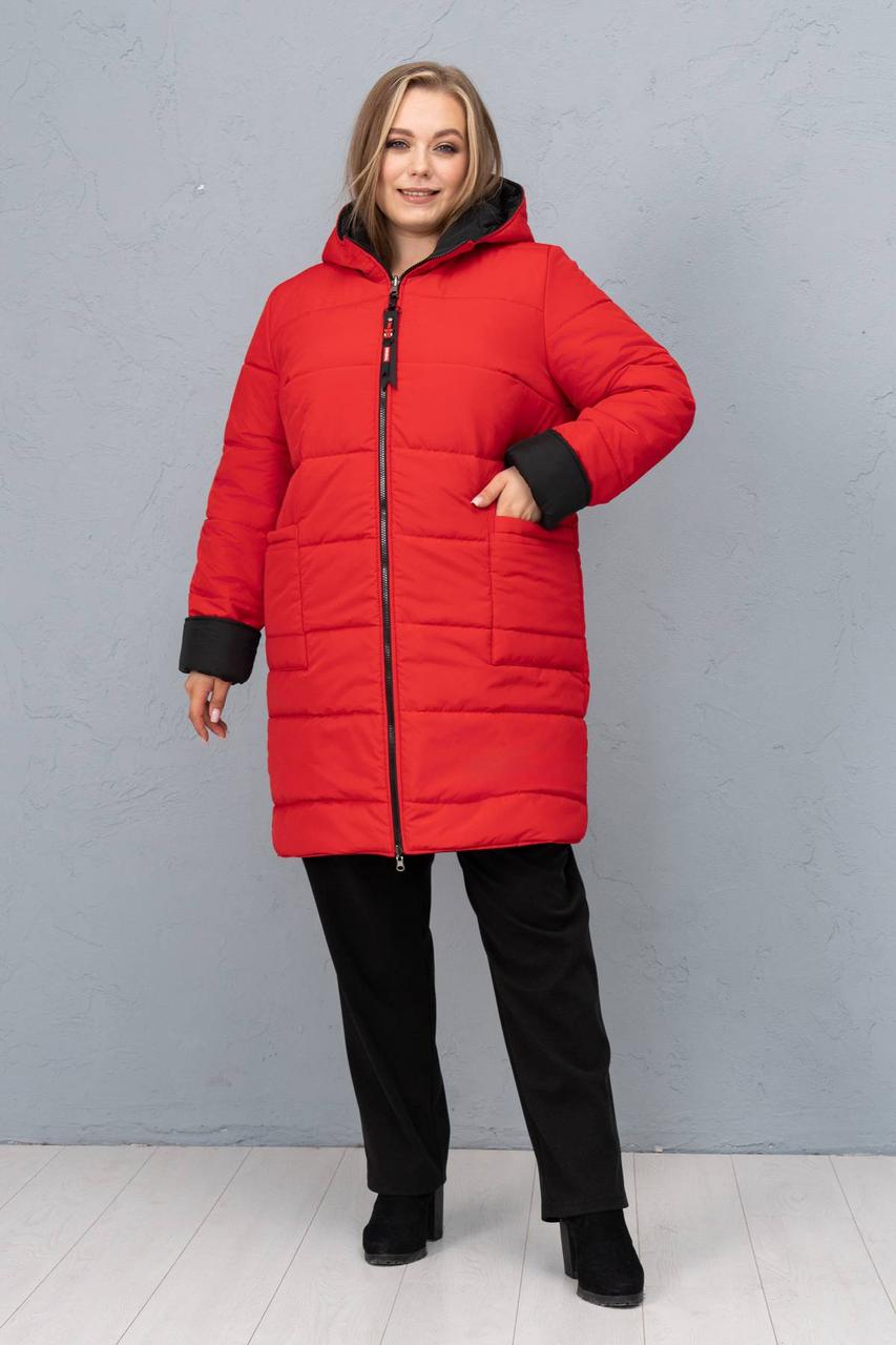 Куртка двостороння стьобана матова полупальто осінь - весна 56-64 розміри червоний/чорний, фото 1