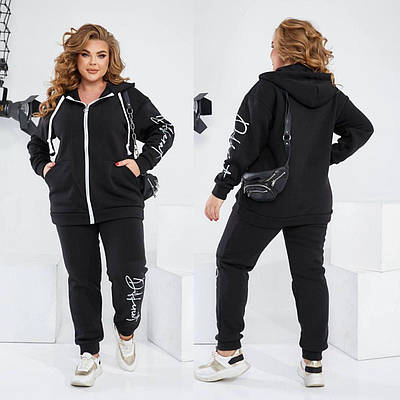Теплий спортивний костюм жіночий великого розміру осінній зимовий з тринитки на флісі з кофтою на змійці та капюшоном