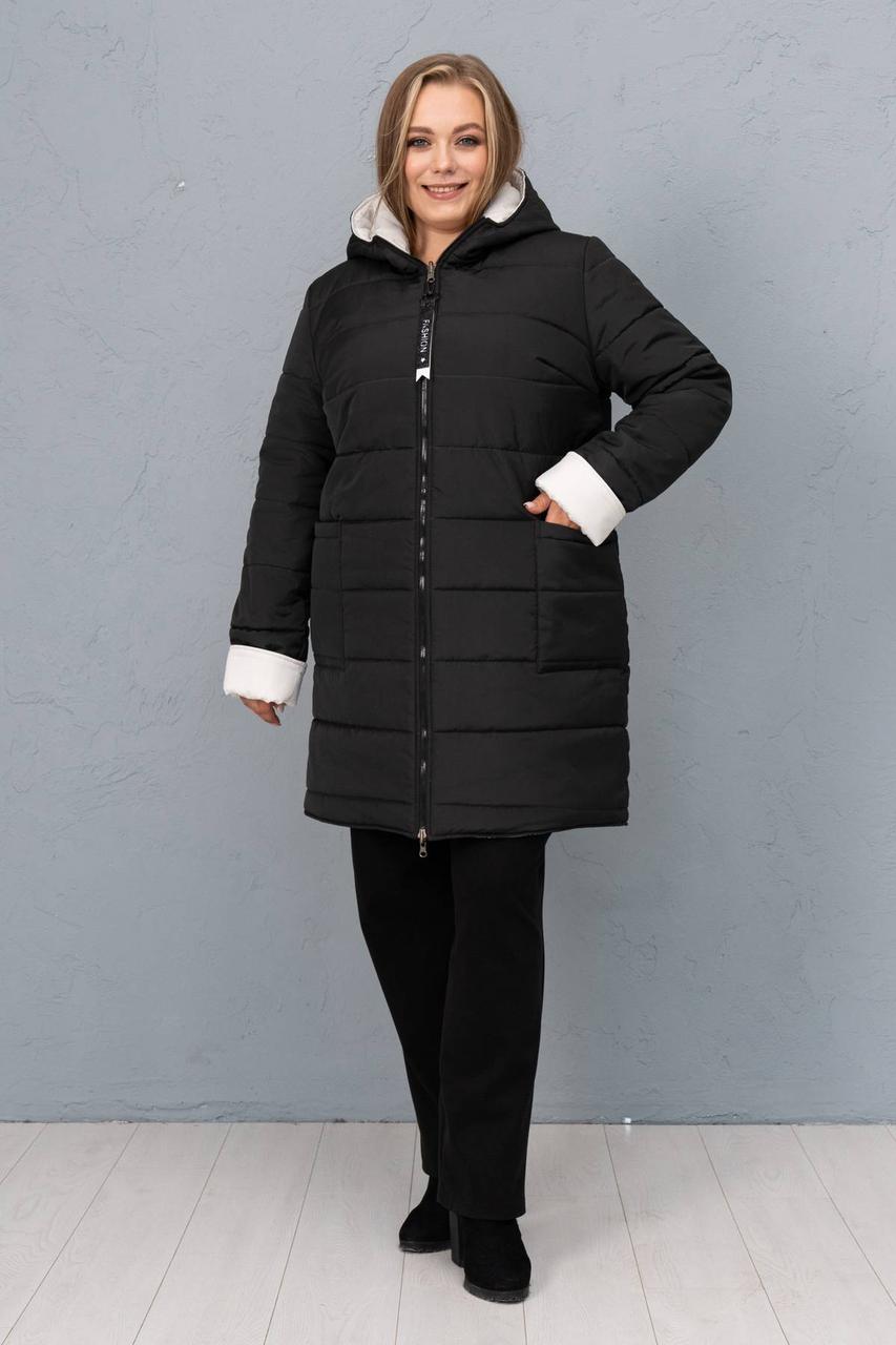 Куртка двостороння стьобана матова полупальто осінь - весна 56-64 розміри чорний/білий, фото 1