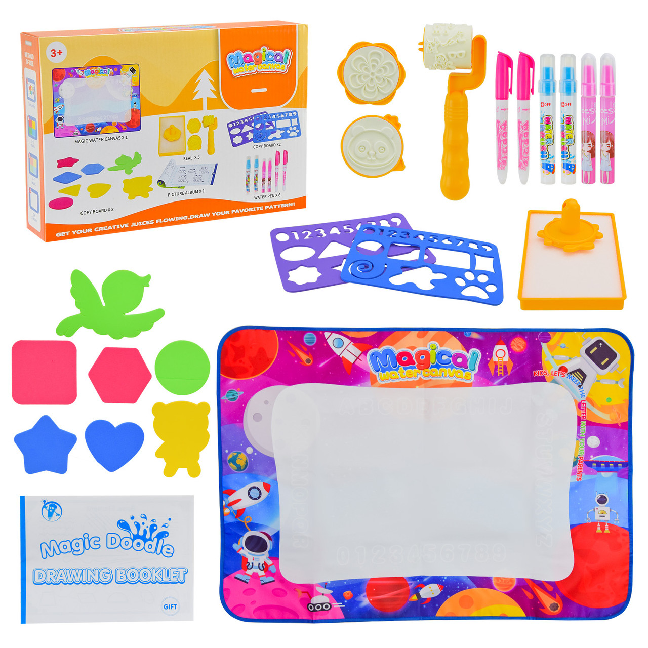 Килимок для малювання водою BY2021-81, зникає через 5 хв, у комплекті трафарети, 6 водяних маркерів, фото 1