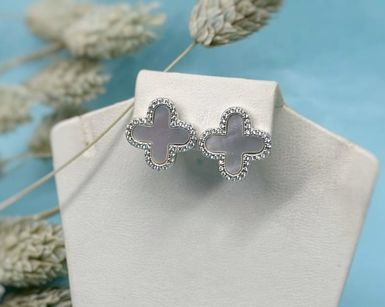 Срібні сережки з фіанітами та перламутром "3006", фото 1