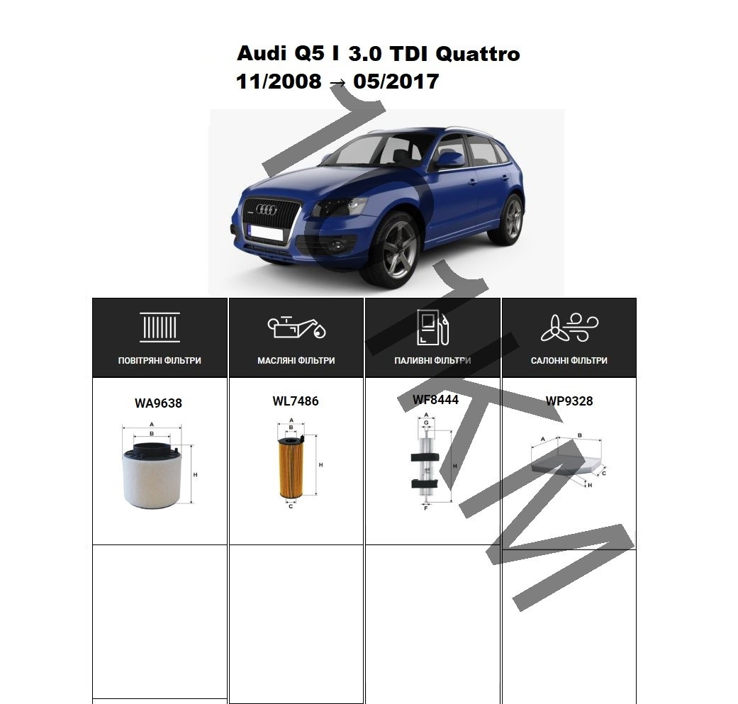 Комплект фільтрів Audi Q5 I 3.0 TDI Quattro (2008-2017) WIX