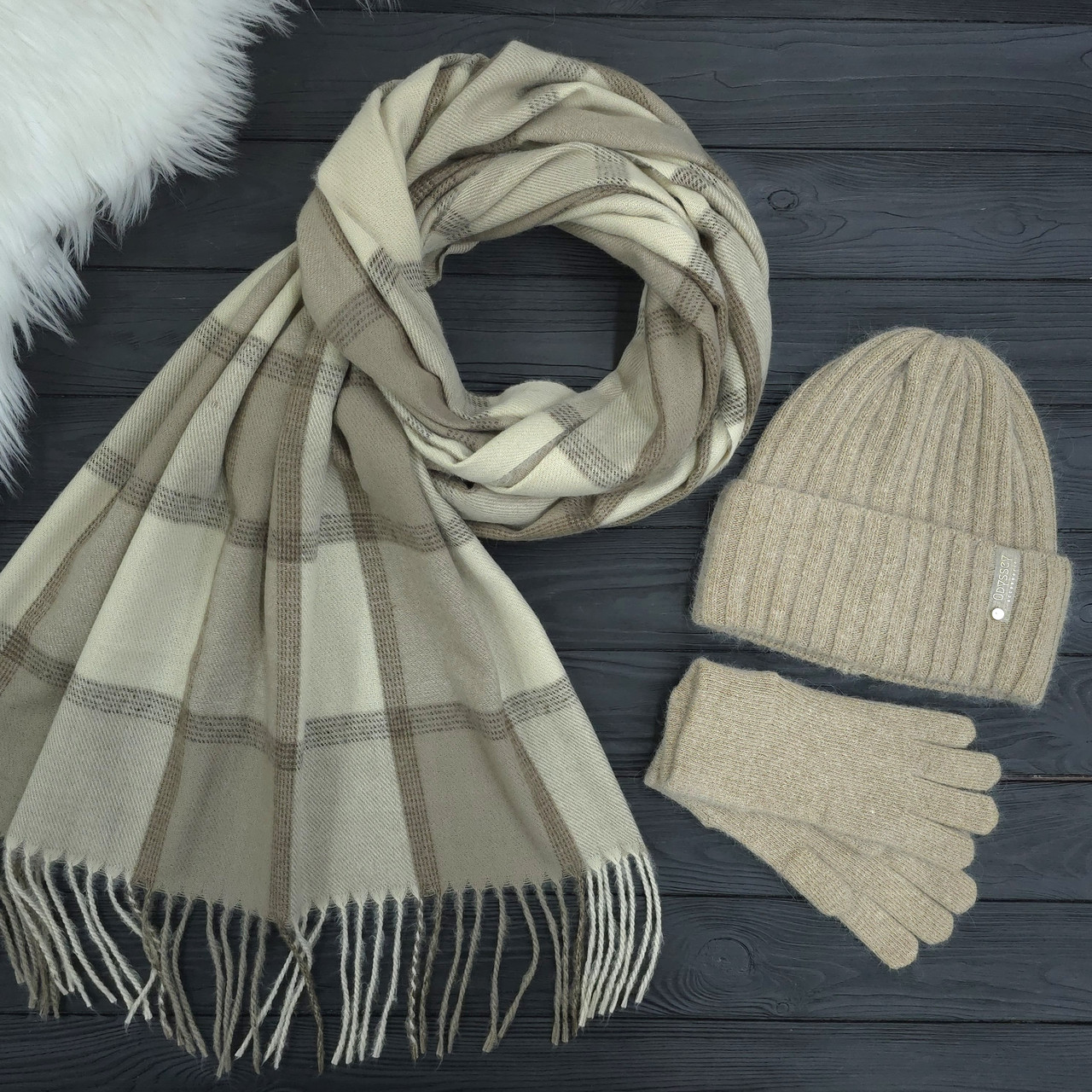 Комплект жіночий зимовий ангора з вовною на флісі (шапка+шарф+рукавички) ODYSSEY 56-58 см бежевий 12050 - 8068 - 4075, фото 1