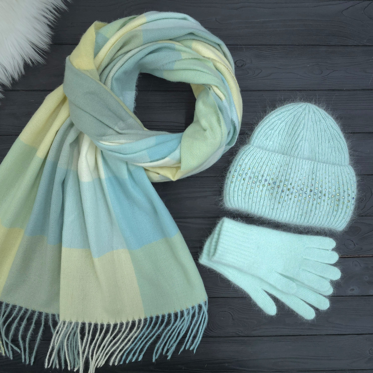 Комплект жіночий зимовий ангоровий на флісі (шапка+шарф+рукавички) ODYSSEY 56-59 см Смарагдовий 14267 - 1142 - 4203, фото 1