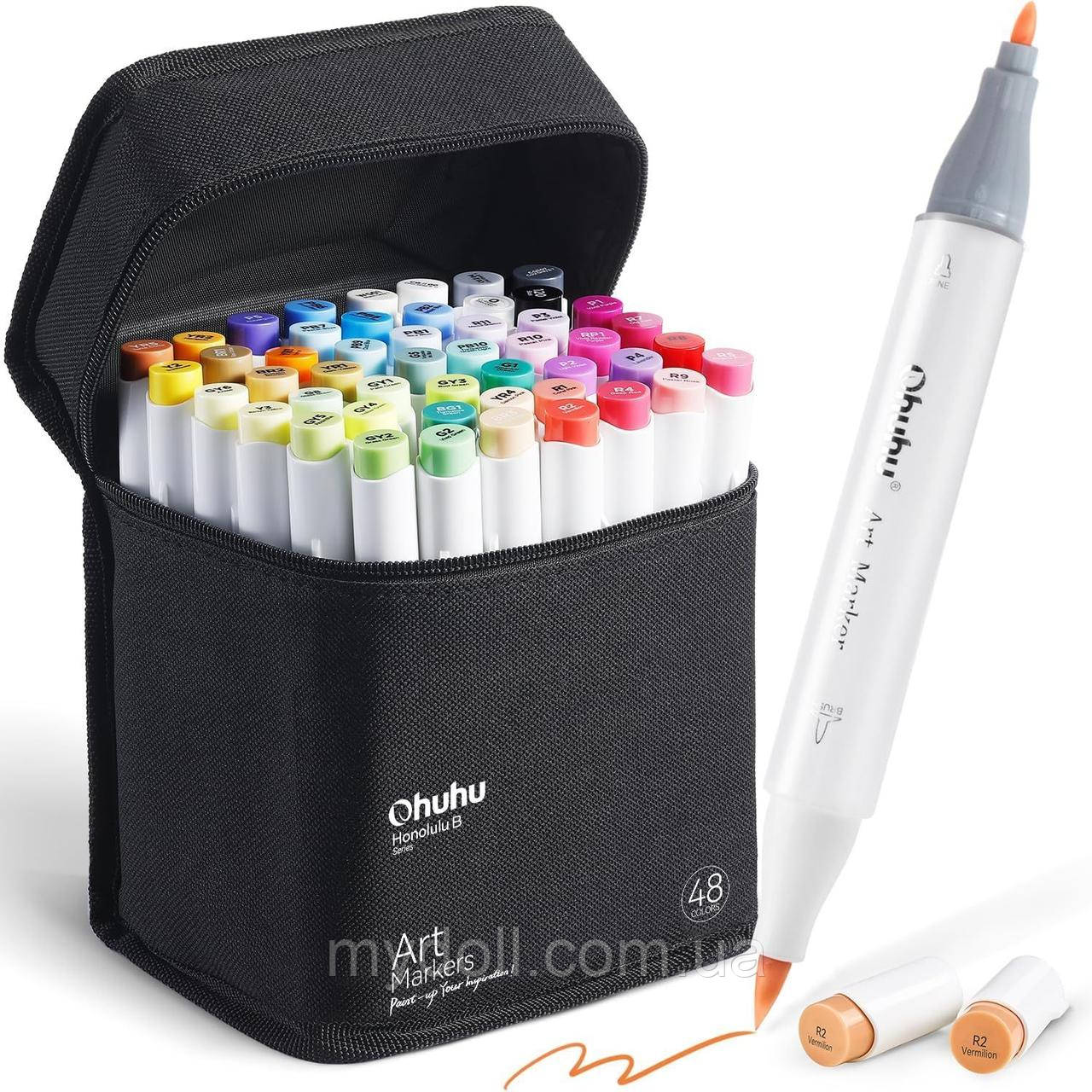 Спиртові маркери для скетчингу кисть та куля Ohuhu 48 Colors Dual Tips Alcohol Art Markers Fine & Brush