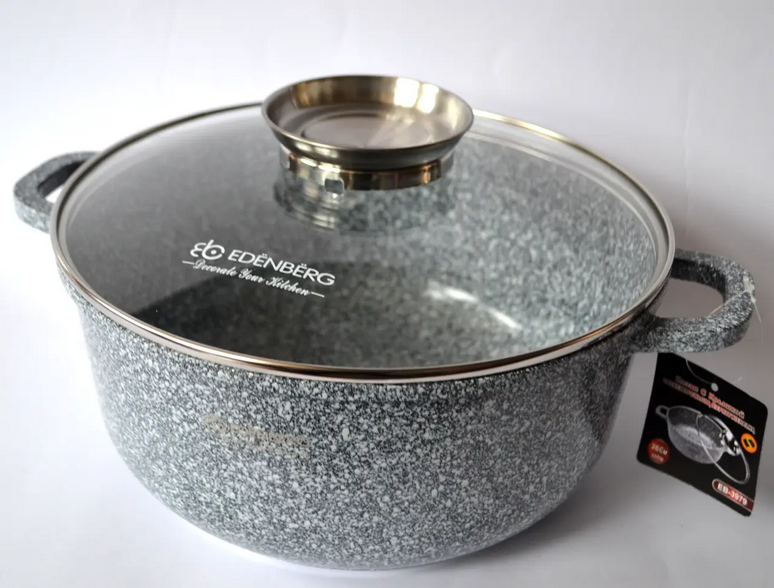 Каструля з гранітним покриттям та скляною кришкою Edenberg EB-3980 Сіра 6.8 л кругла, фото 1