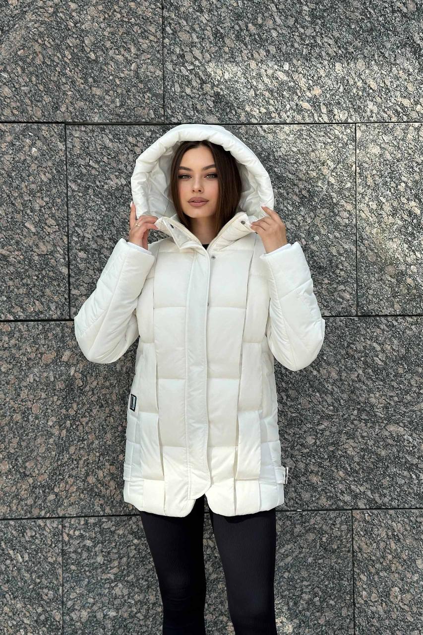 Світлий молочний жіночий короткий пуховик на штучному пуху з термопідкладкою, фото 1