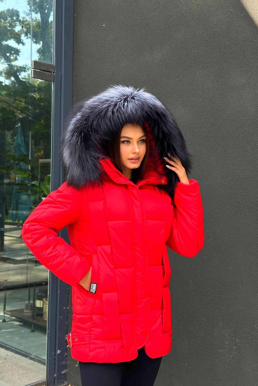 Червоний жіночий короткий пуховик на еко пуху з хутром натуральної чорнобурки, фото 1