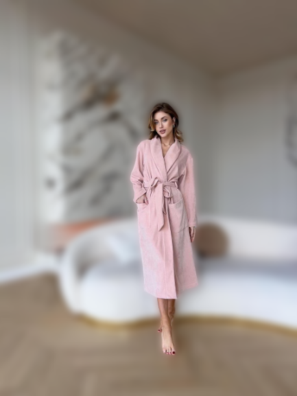 Халати жіночі довгі велюрові преміум якості розмір S/M, халат кімоно жіночий для дому Персиковий, фото 1