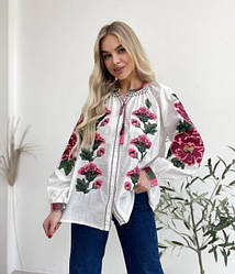 Вишита сорочка, молодіжна блуза білого кольору з яскравою вишивкою розміри S, M, L