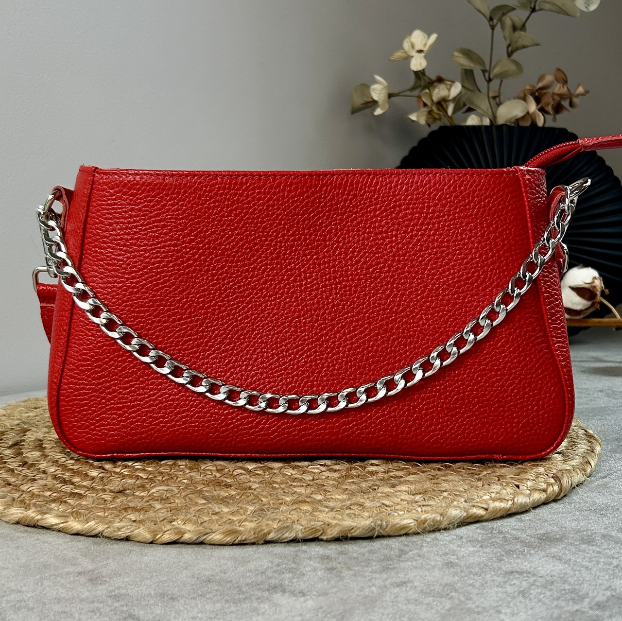 Жіноча розкішна практична трендова сумка червоного кольору з ремінцем на ланцюжку, модні місткі жіночі сумки з натуральної шкіри