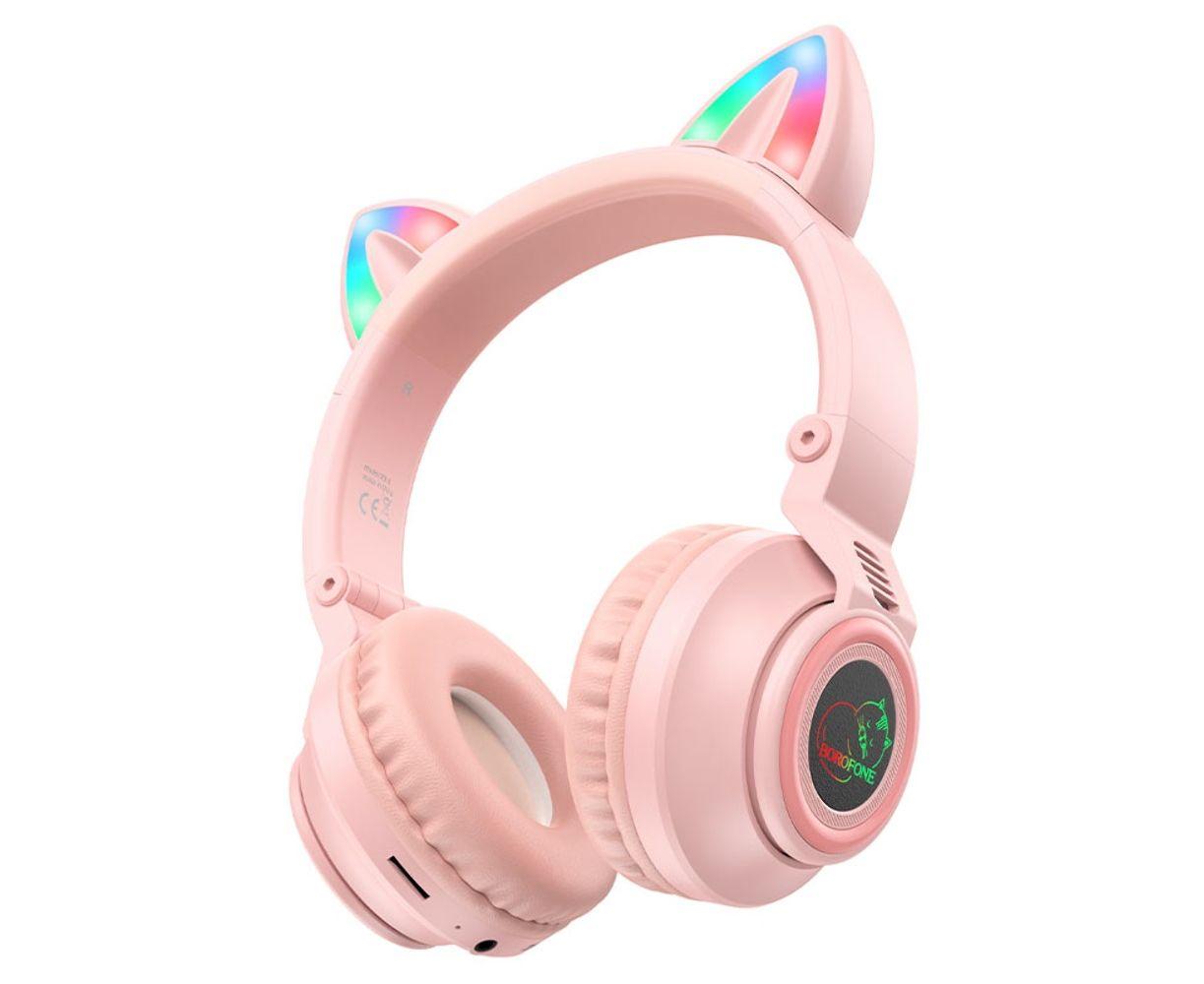 Блютуз Стерео Гарнітура Borofone BO18 CAT Ear рожевий