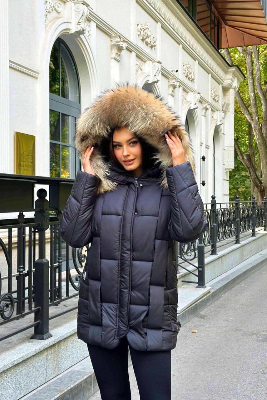 Чорний жіночий короткий пуховик на еко пуху з хутром натурального єноту на термопідкладці, фото 1