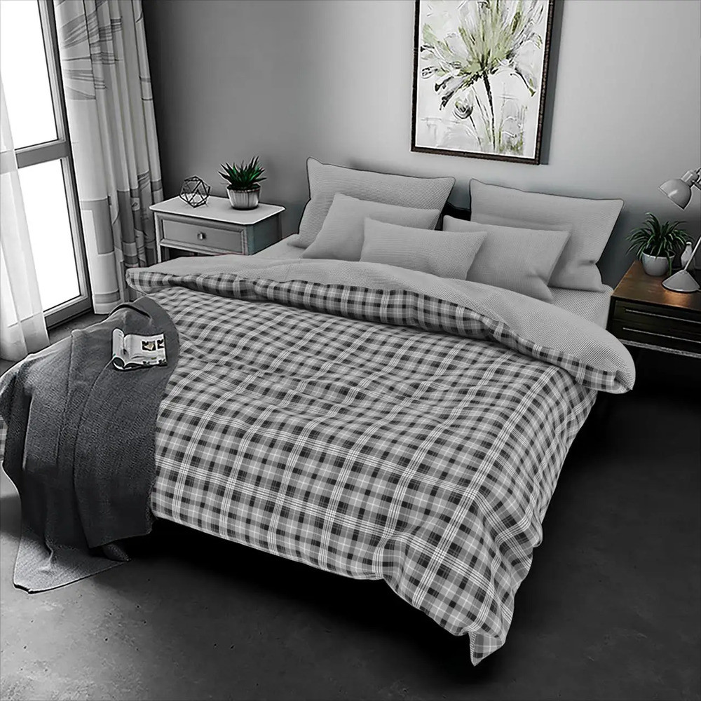 Двоспальна постільна білизна на гумці 180х220 Сіра клітина (23183) Бязь Ранфорс з компаньйоном, фото 1
