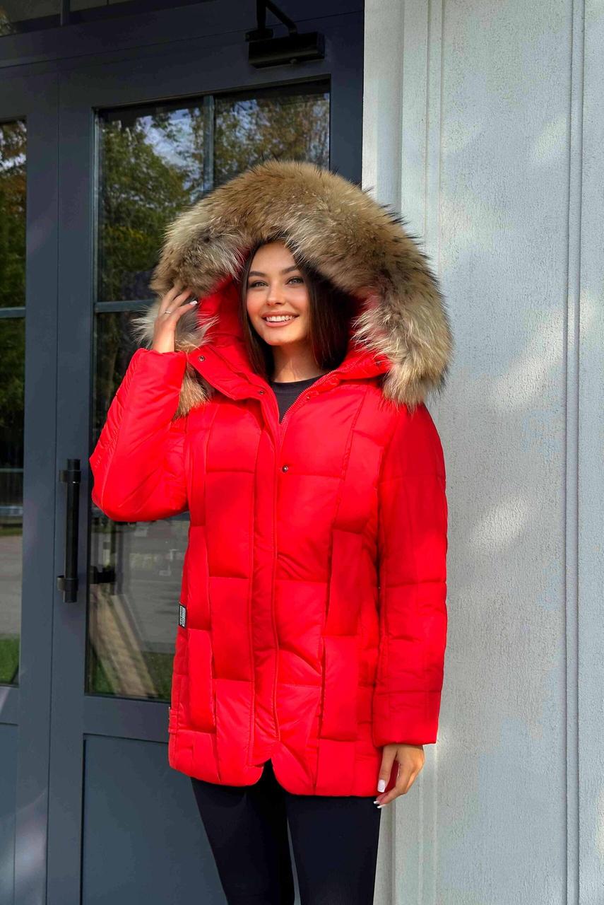 Червоний теплий жіночий короткий пуховик на еко пуху з хутром натурального єноту на термопідкладці, фото 1