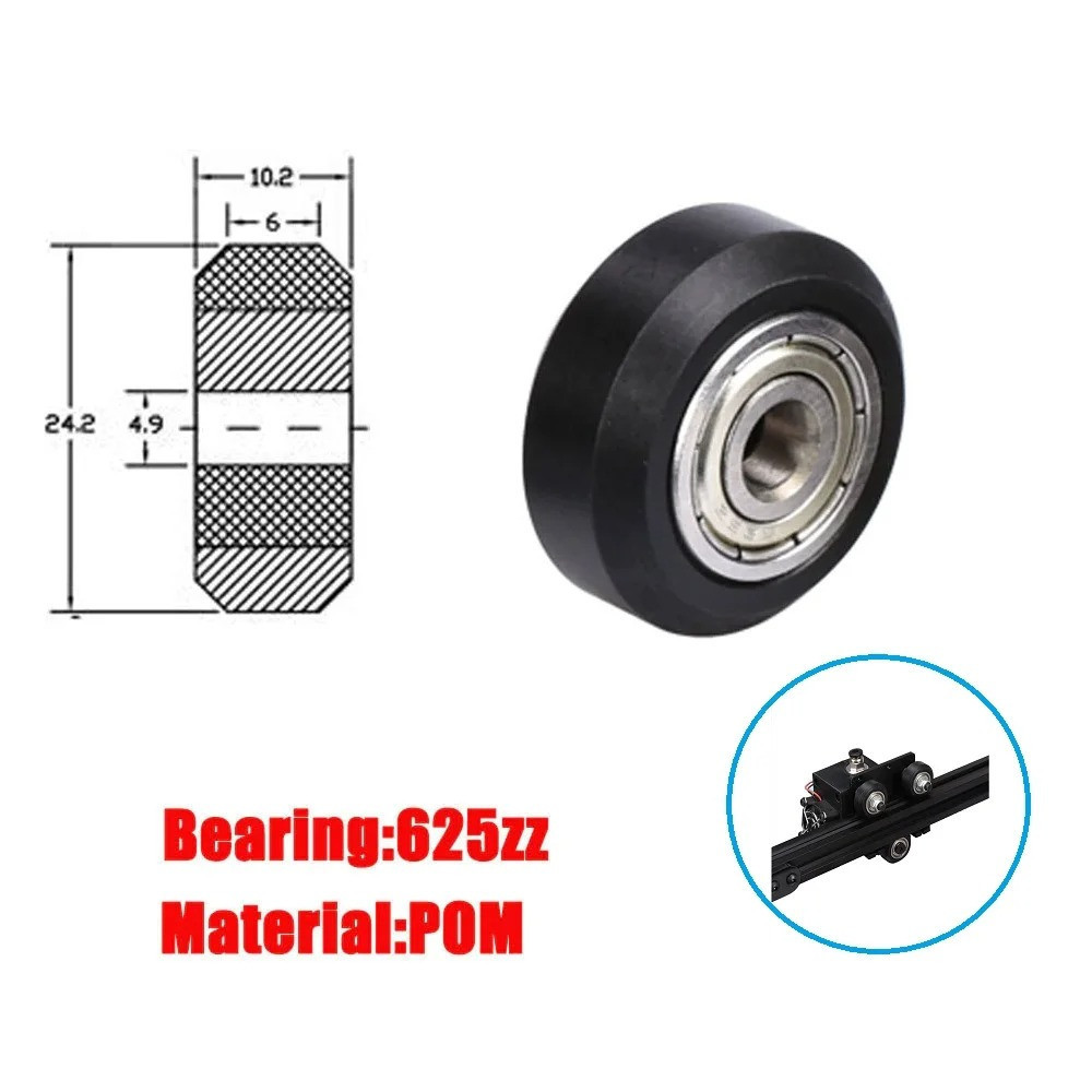 Ролик (POM) D24mm / d4.9mm на підшипнику для 3D-принтерів (V-слот, 6.2mm)