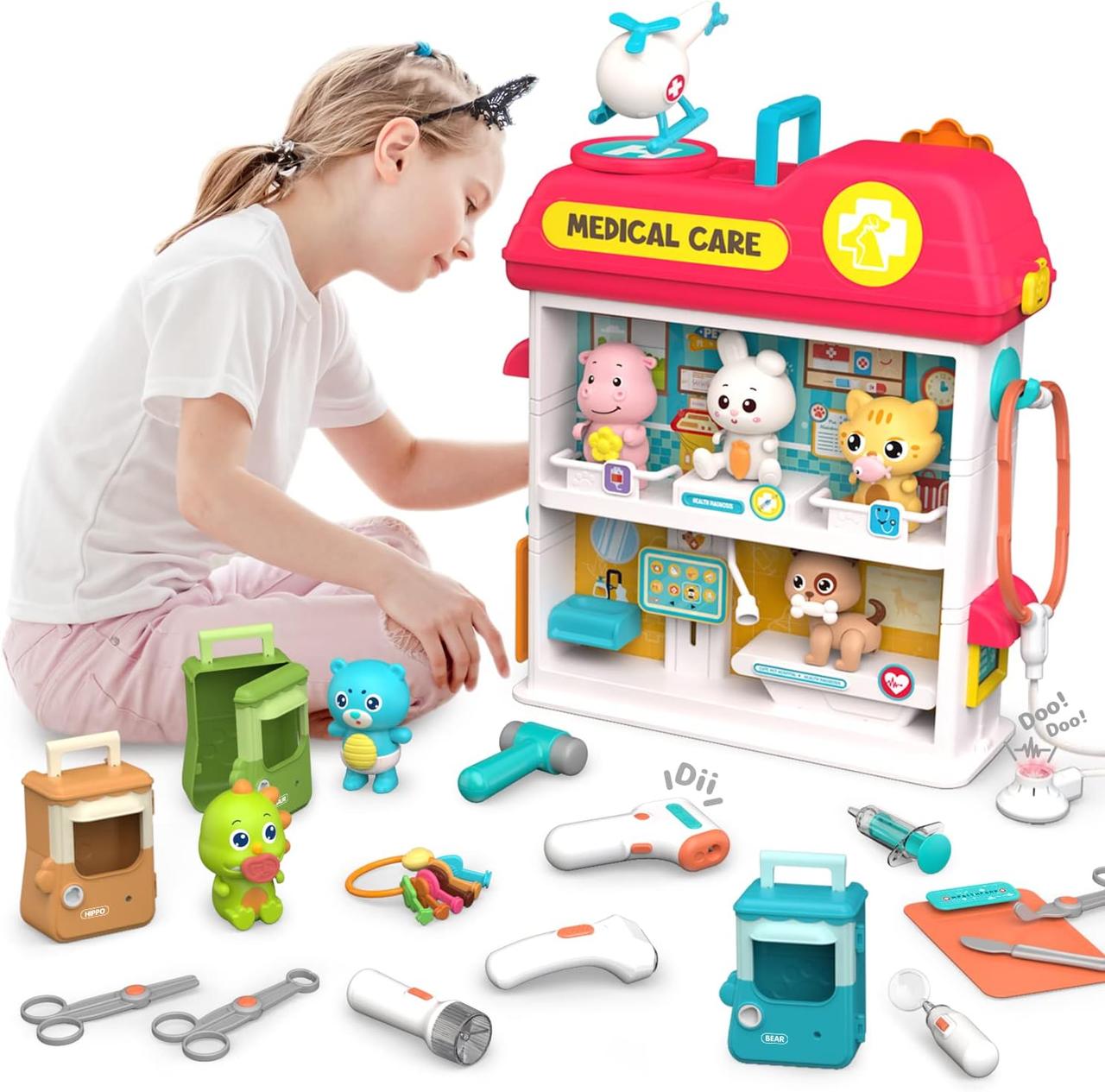 Ігровий набір "Ветеринарна клініка" (2 поверхи, 6 тварин-пацієнтів, муляж їжі, вертоліт, світло, звук) YY 6028, фото 1