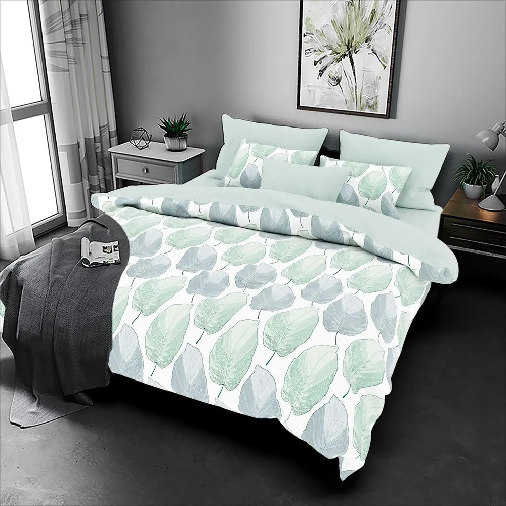 Двоспальна постільна білизна на гумці 180х220 Зелене листя (23191) Бязь Ранфорс з компаньйоном, фото 1