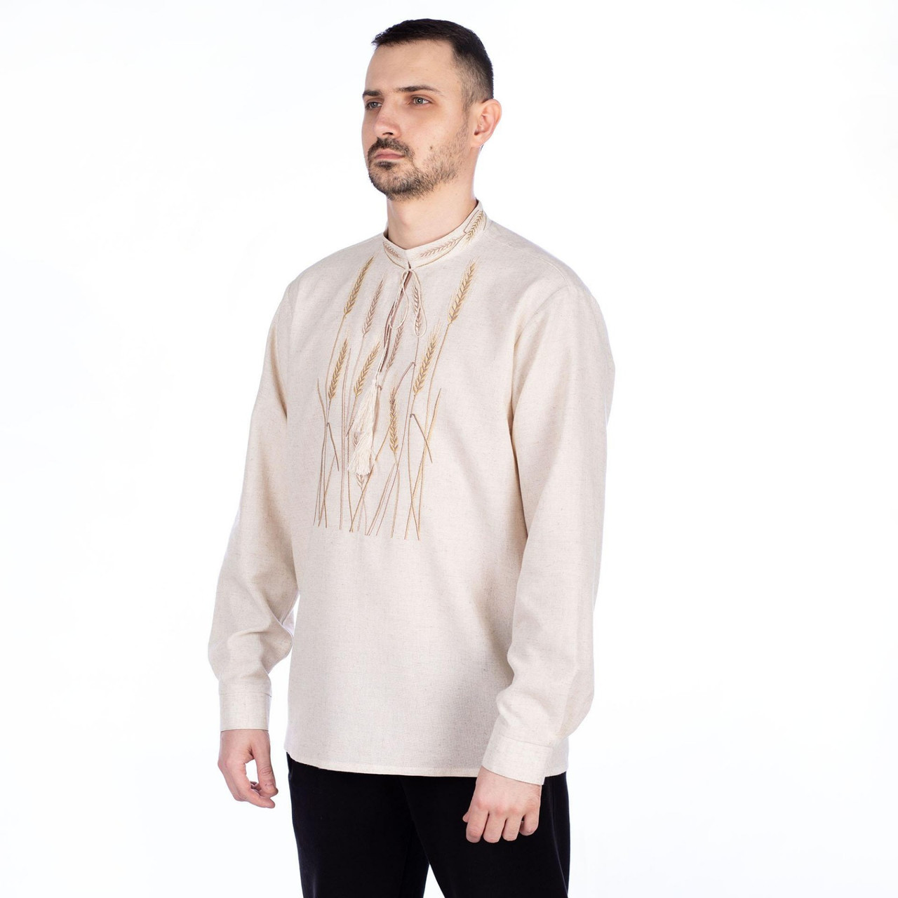 Оригінальні Елегантна біла льняна сорочка чоловіча на випускний весілля з білою вишивкою колосків пшениці